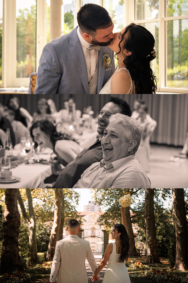 Collage mit Hochzeitskuss, lachenden Hochzeitsgästen und romantischem Brautpaar