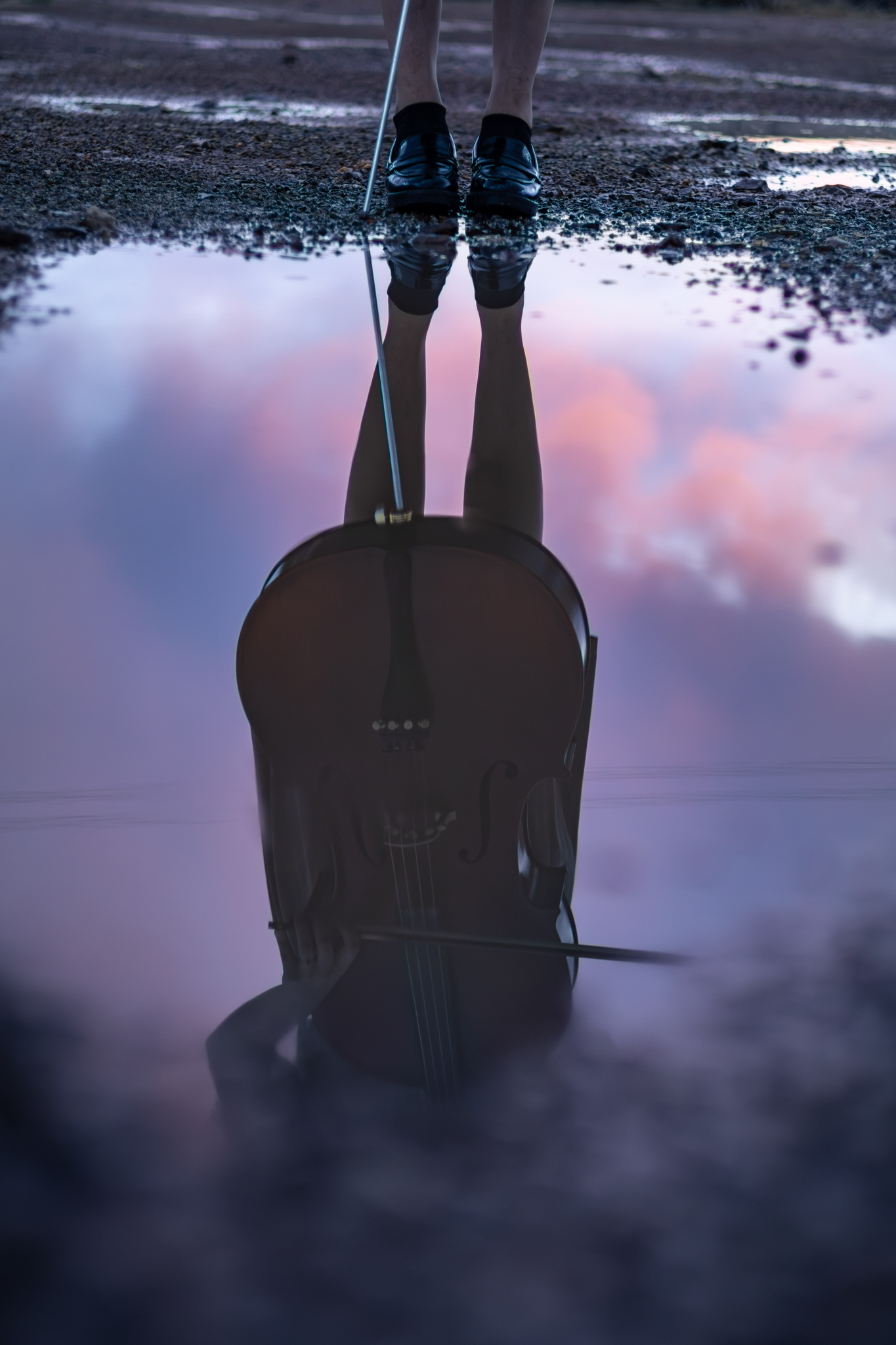Künstlerische Aufnahme eines Cellos, das sich im Wasser spiegelt